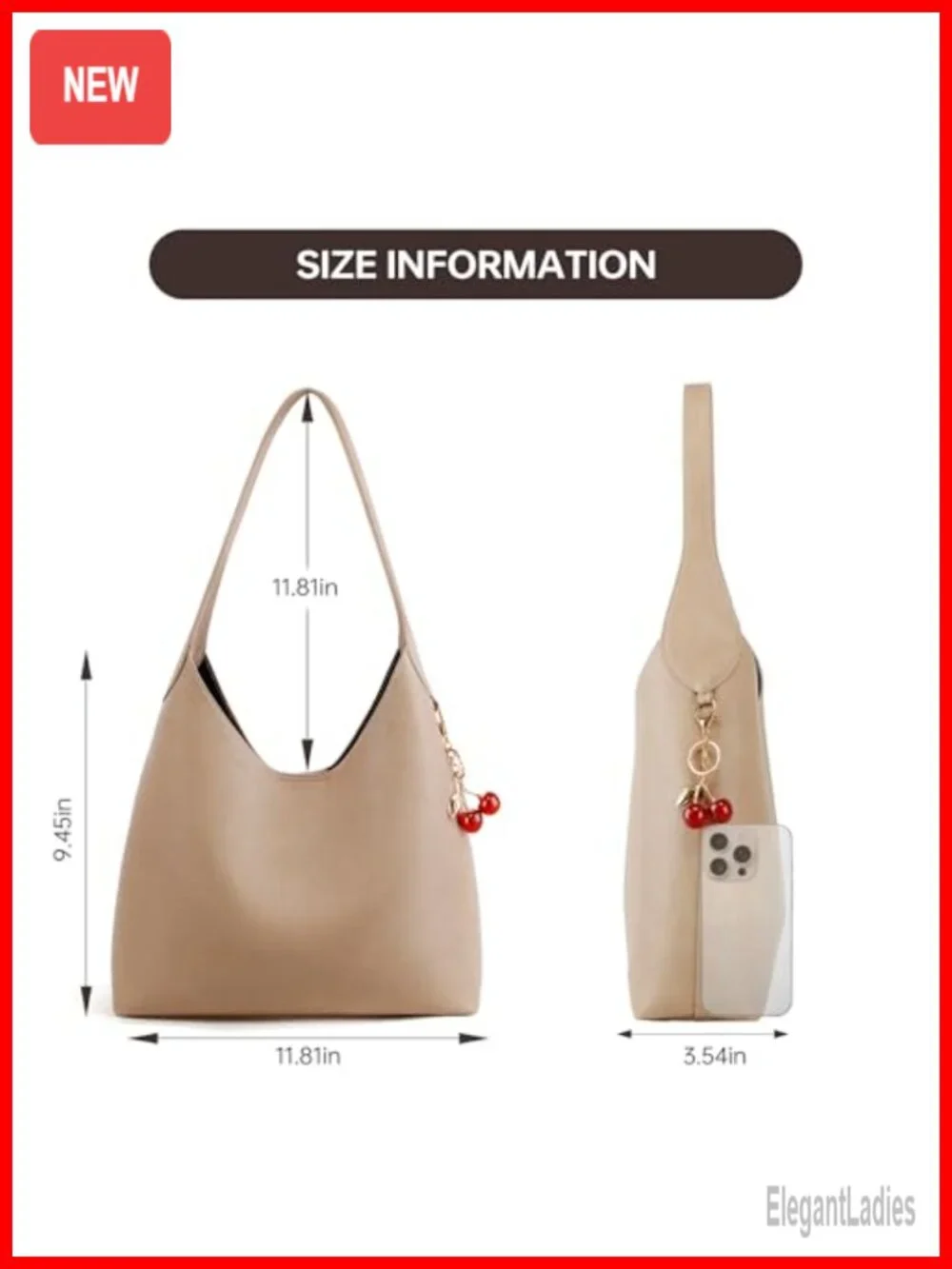 Vegan Leather Slouchy Hobo Bag with Detachable Cherry Charm, Shoulder Bag